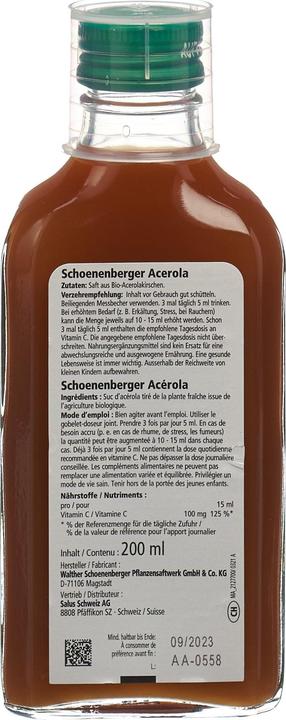 Nährwerte und Zutaten Schönenberger Acerola naturtrüber Fruchtsaft Bio Saft (1 Stück, Flüssigkeit, 434 g)