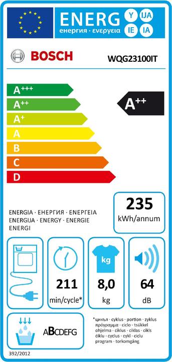Etichetta energetica Bosch Hausgeräte WQG23100IT (8 kg, A destra)