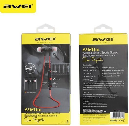 Actual product image Awei słuchawki sportowe Bluetooth A920BL czarny/black magnetyczne (ANC, 6 h, Cable)