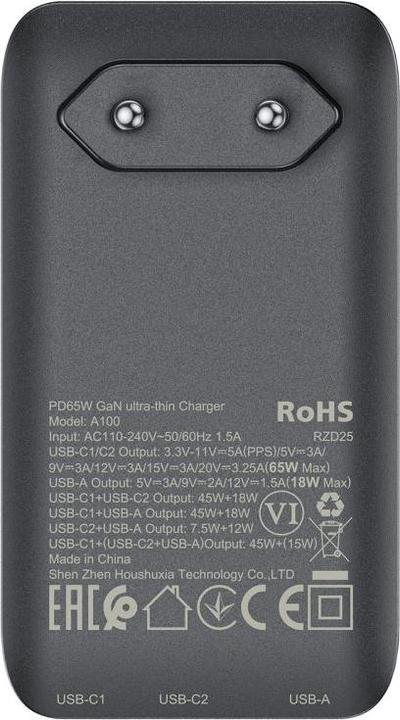 Actual product image Acefast A100 65W GaN 2 USB-C+ USB-A Charger Ultra Slim - Black (65 W)