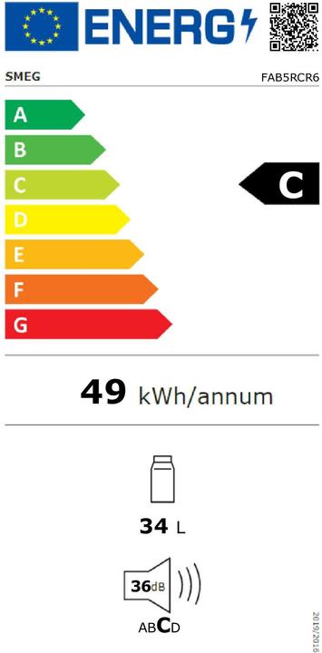 Etichetta energetica Smeg FAB5RCR6 Homebar Stand-Kühlschrank Rechtsanschlag Creme 50s Style 2025 Modell, EEK: C (34 l)