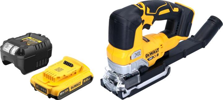 1x seghetto alternativo a batteria DeWalt DCS 334 N, 1x batteria DeWalt DCB 183 18 V 2.0 Ah, 1x caricabatteria DeWalt DCB 1102, 1x adattatore per l'aspirazione della polvere (compatibile con Airlock), 1x coperchio di protezione della slitta della sega