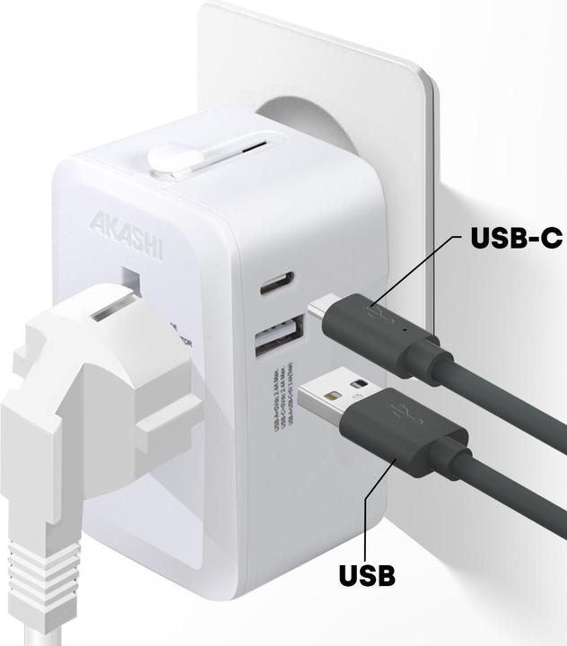 Produktbild Akashi Reise Ladeadapter 2USB und Internationale Anschlüsse UK, USA, AUS, NZ, EU