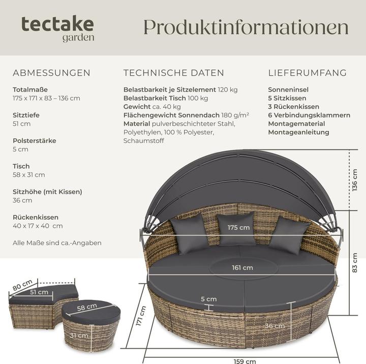 Image du produit tectake Bain de soleil rond modulable SANTORIN
