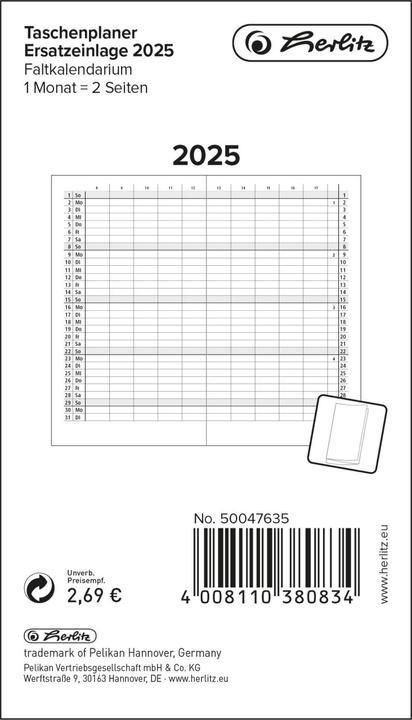 Immagine prodotto Herlitz Inserto sostitutivo dell'agenda tascabile 2025 calendario pieghevole, 1 mese=2 pagine (Tedesco)
