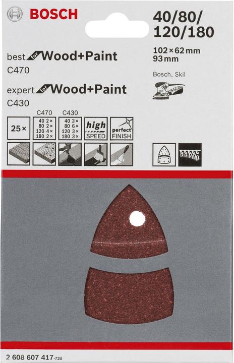 Produktbild Bosch Professional Zubehör Schleifblatt-Set C470 und C430, 102 x 62, 93 mm, 40 - 180, 25er-Pack (40, 80, 120, 180)