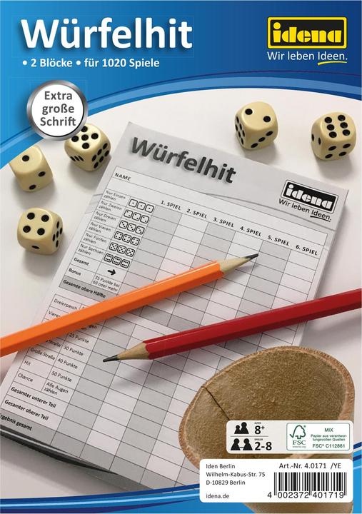 Actual product image Idena Dice hit 2 blocks large font FSC mix