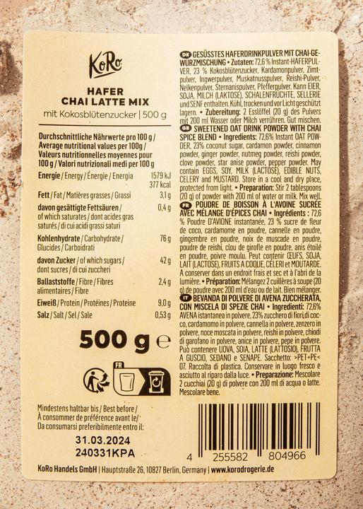 Valori nutrizionali e ingredienti KoRo Miscela di latte Chai (500 g)