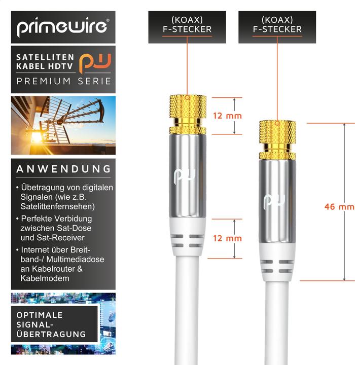 Produktbild Primewire SAT Kabel HDTV - Premium SAT Koaxialkabel - TV HDTV Radio DVB-T DVB-C DVB-S DVB-S2, 4 Fach Schirmung (135 dB, SAT Kabel)