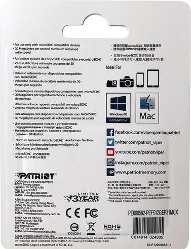 Valori nutrizionali e ingredienti Patriot EP V30 Speicherkarte MicroSDXC (512 GB, microSDXC, U3, UHS-I)