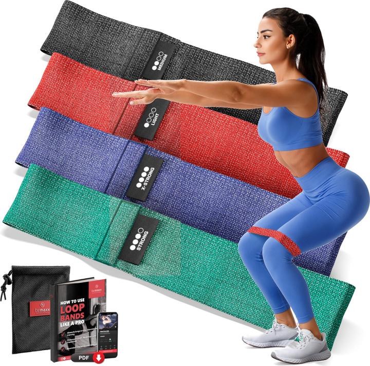 BeMaxx Fitness Loop Band Set of 5, Textile (0.32 m, Extra strength, Easy, Strong, Medium)