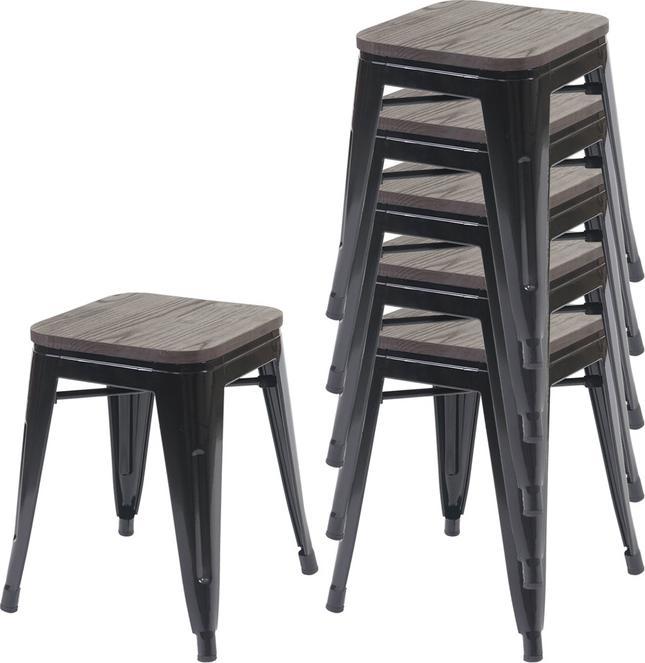 Produktbild Swisshandel24 6x Hocker inkl. Holz-Sitzfläche, Metallhocker Sitzhocker, Metall Industriedesign stapelbar - schwarz