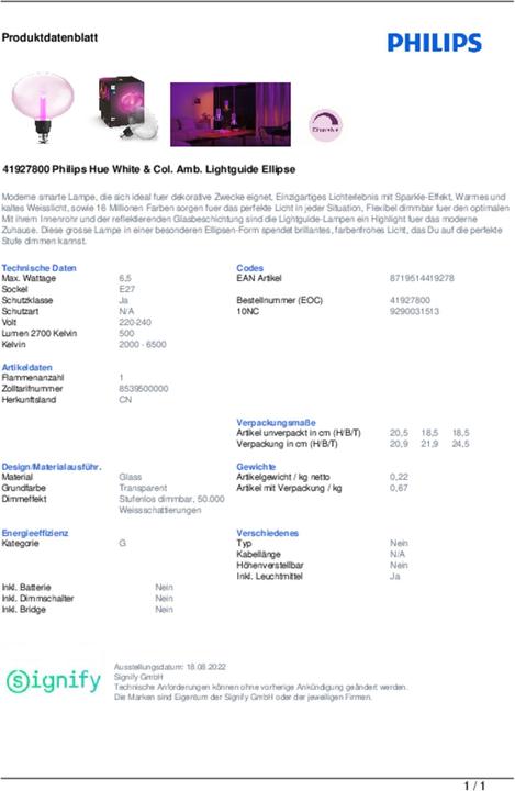 Actual product image Philips Hue Ellipse (E27, 6.50 W, 500 lm, 1 x, G)