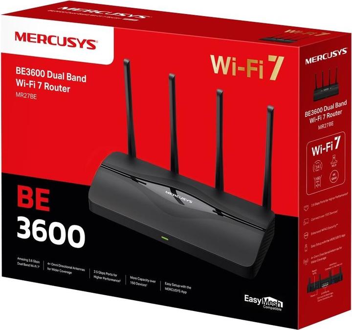 Actual product image Mercusys BE3600 Dual-Band Wi-Fi 7 Router | MR27BE | 802.11be | 2880 Mbit/s | Ethernet LAN (RJ-45) ports 3 | M