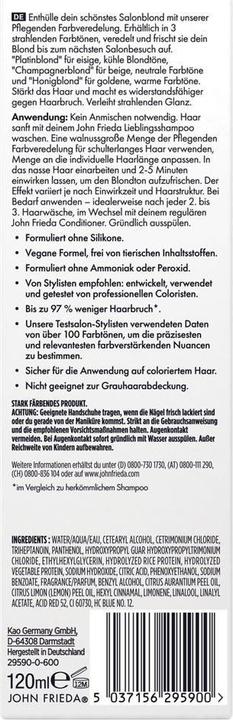 Valeurs nutritives et ingrédients John Frieda Salon Blonde Platinblond Pflegende Farbveredelung - 120ml (Blonde platine)