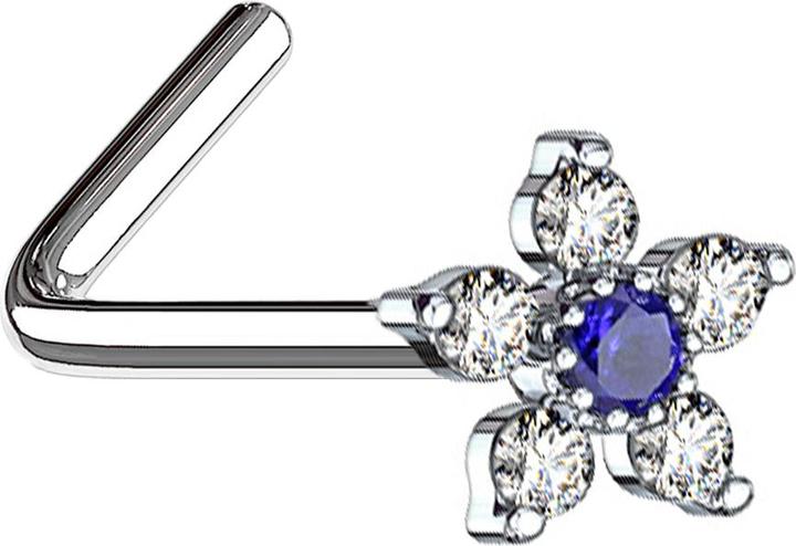 Produktbild Star Piercing Nasenstecker gewinkelt silber Blume mit Kristall blau und silber (Chirurgenstahl 316L, Messing)