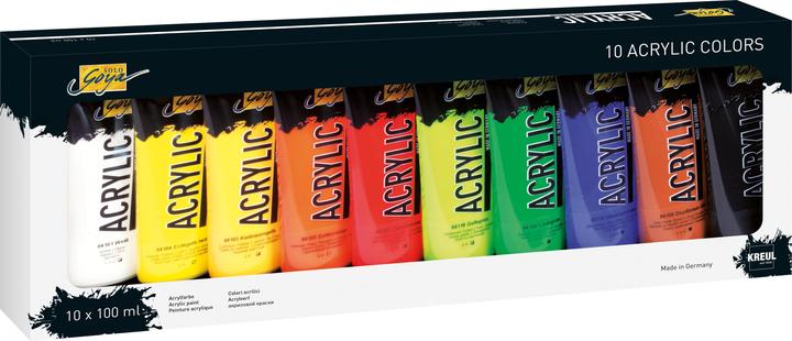 Immagine prodotto Solo Goya Set di 10 pezzi in acrilico (Nero, Bianco, Vera arancia, Blu oltremare, Ossido marrone scuro, Giallo-verde, 1000 ml)