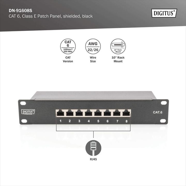 Produktbild Digitus 1HE 8-Port 10" Cat6 geschirmt schwarz