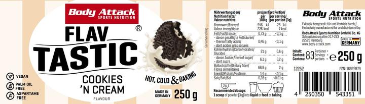 Nutritional values and ingredients Body Attack Flav Tastic (250g can) (Cookies and Cream, 1 pcs., 250 g)