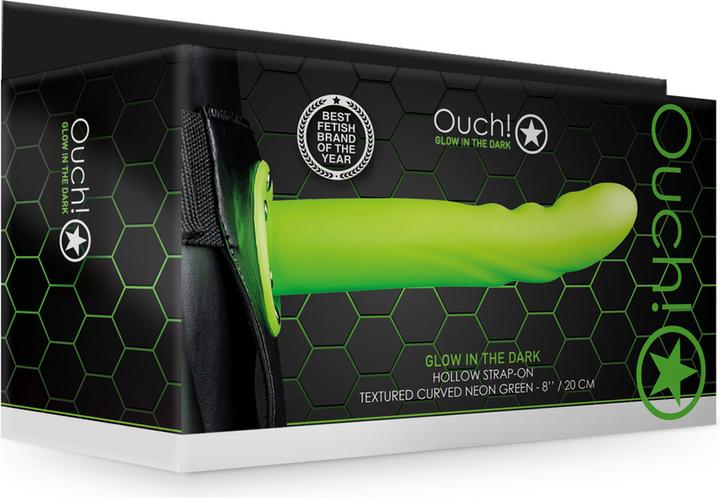 Produktbild Ouch! Textured Curved Hollow Strap-on - 8" / 20 cm - Glow in the Dark