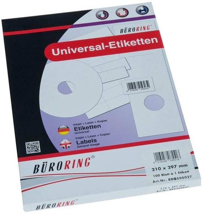 Büroring Universal-Etiketten Papier weiss selbstklebend 210x297mm 100 Blatt=100 Etiketten