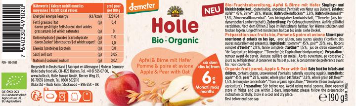 Nutritional values and ingredients Holle Apple & Pear with Oats (310.62 g)