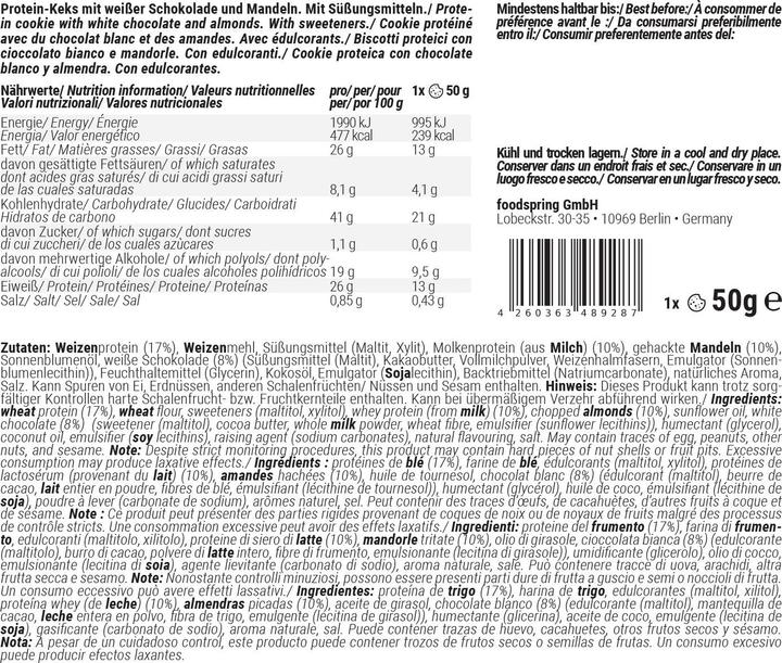 Valeurs nutritives et ingrédients Foodspring Cookie aux protéines (Chocolat blanc, 12 pcs, 600 g)