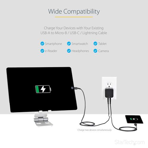 Immagine prodotto StarTech Caricatore USB a 2 porte / Alimentatore - Doppia spina di ricarica 17 Watt / 3,4 Amp - Doppio (17 W)