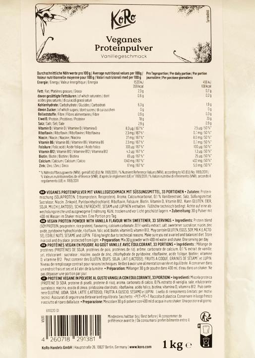 Valeurs nutritives et ingrédients KoRo Poudre de protéine végétalienne (Vanille, 1 pcs, 1000 g)
