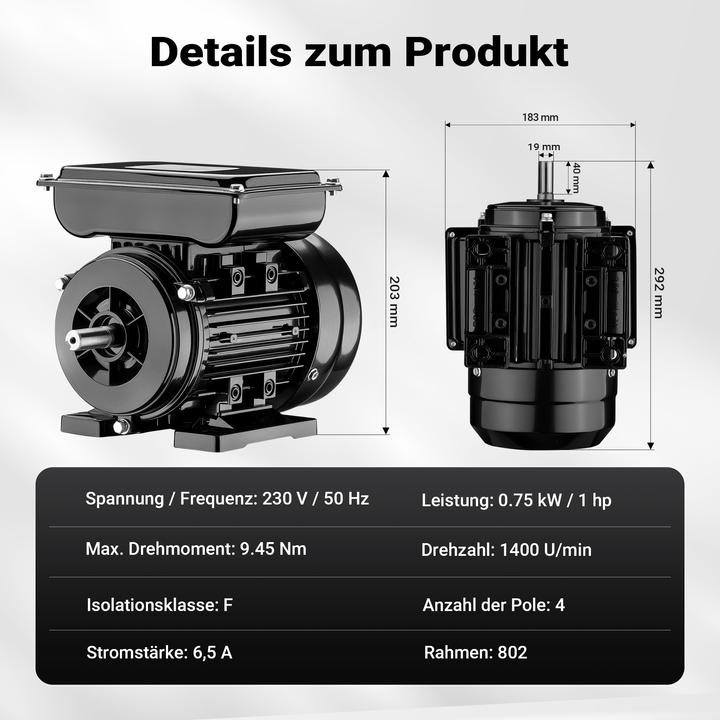 Actual product image Wiltec Elektromotor 1-phasig 4-polig Elektro Motor 0,75kW Einphasenmotor Motor