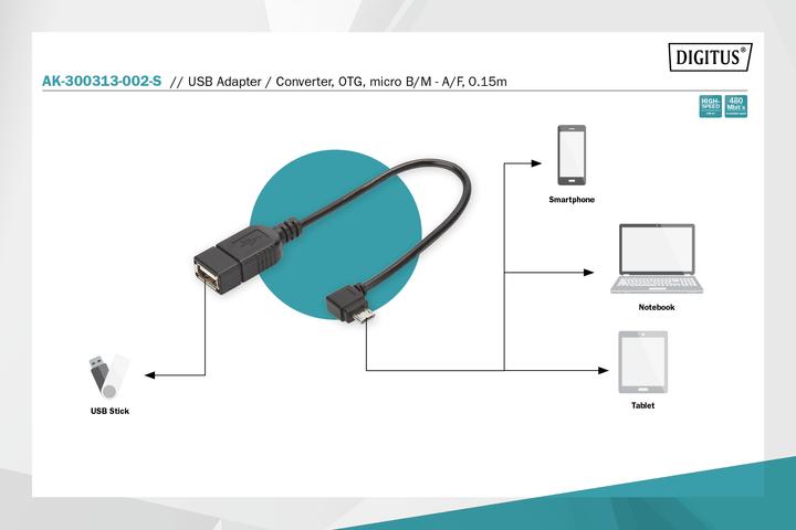 Produktbild Digitus USB2.0 Adapterkabel, OTG,0.15m (0.15 m, USB 2.0)