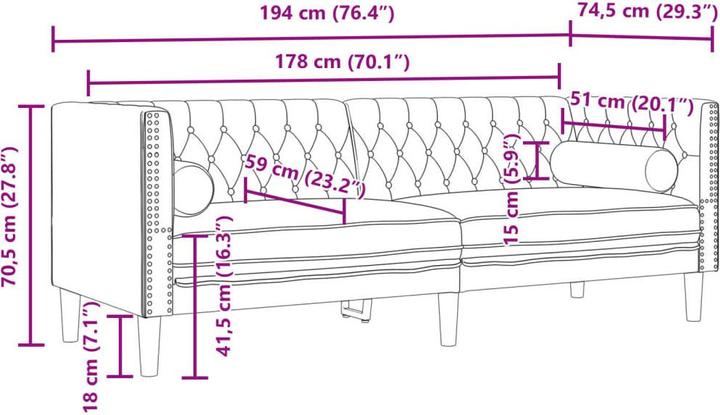 Produktbild VidaXL Chesterfield Sofa Nackenrollen 3-Sitzer Couch Polstersofa Weinrot Samt (Chesterfield)