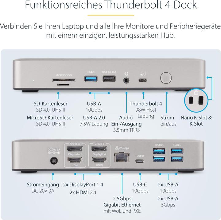 Image du produit StarTech com 132UE-TB4USB4DOCK, Avec fil, Thunderbolt 4, 98 W, 3,5 mm, 10,100,1000,2500 Mbit/s, 2.5G (Thunderbolt, 7 Ports)
