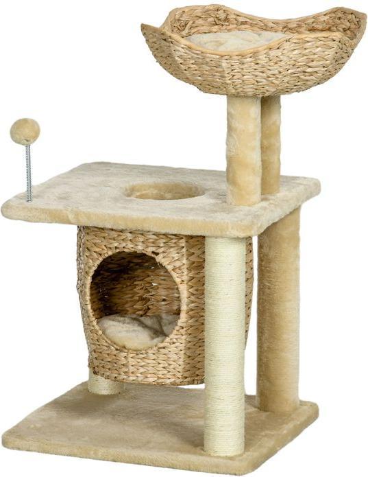 Produktbild Swisshandel24 Kratzbaum Klein, 74 cm mit Katzenhöhle, Spielball, mit Bett, bis 5kg, Beige (74 cm, Beige)