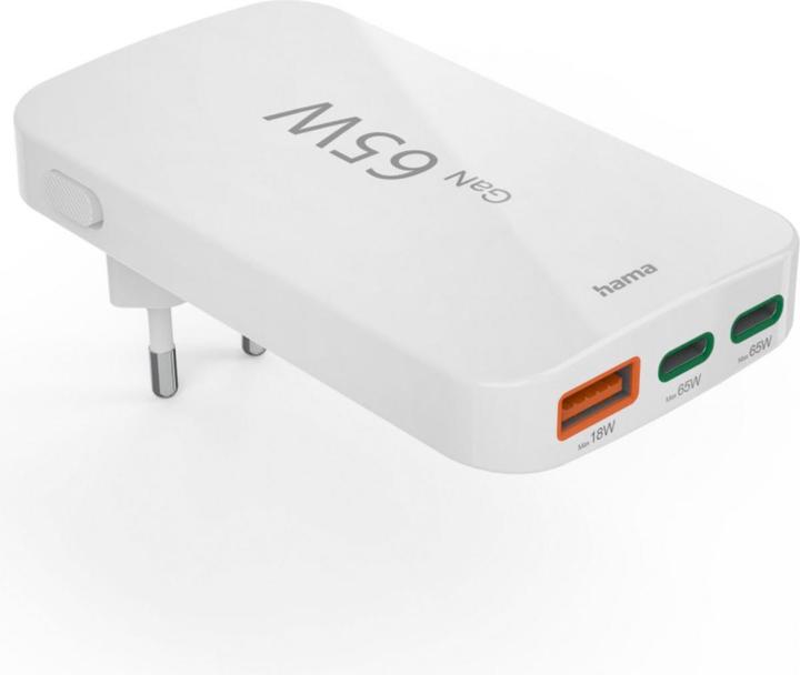 Actual product image Hama Quick charger, 2x USB-C, 1x USB-A, flat mini charger, PD, 65 W, WS (65 W)