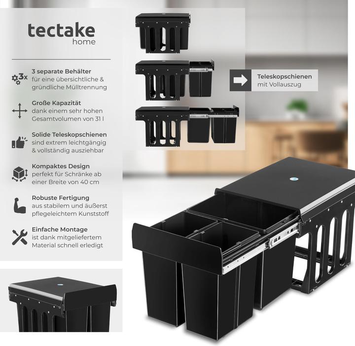 Image du produit tectake Abfallsammler Ashlyn, 3-fach Trennung, 31L, Teleskopschienen (31 l)