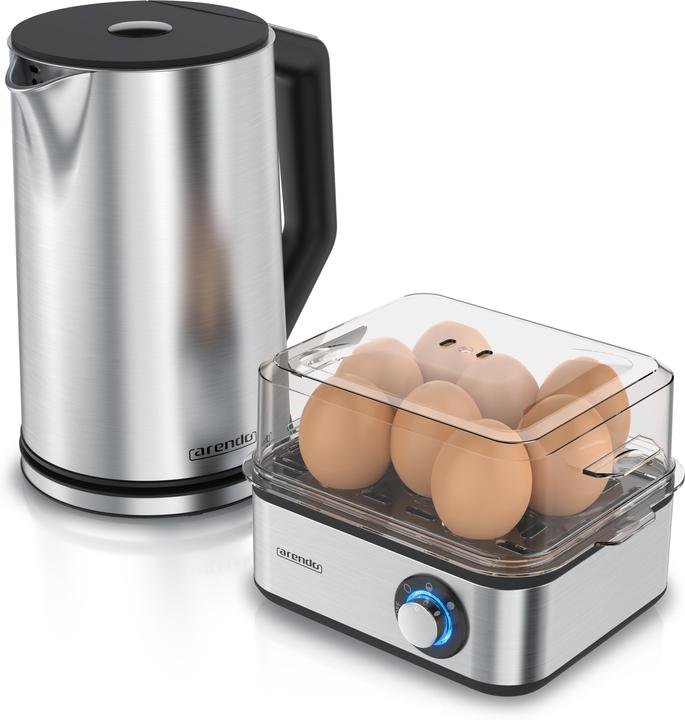 Arendo Frühstücks Set, Edelstahl Wasserkocher 1,5l mit Temperatureinstellung & Eierkocher 1-8 Eier, Silber