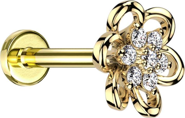 Produktbild Star Piercing Micro Labret Innengewinde vergoldet hohle Blume Kristalle silber (ohne Messing, Chirurgenstahl 316L)