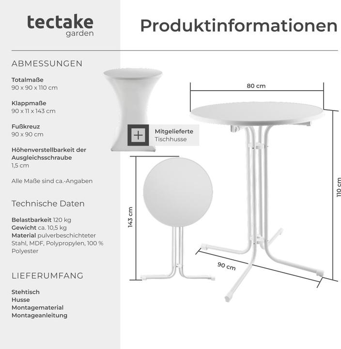Image du produit tectake Table haute Eren pliable avec housse 90x110 cm (80 x 80 x 110 cm)