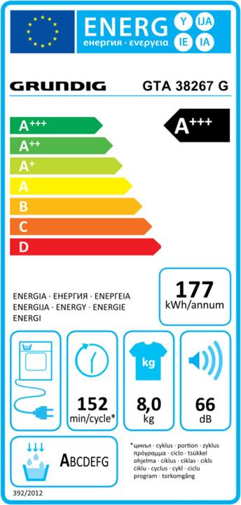 Energie-Label Grundig GTA38267G Wärmepumpentrockner A+++ (8 kg, Rechts)