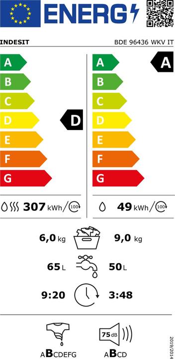 Label énergétique Indesit Lave-linge séchant posable BDE 96436 WKV IT - BDE 96436 WKV IT