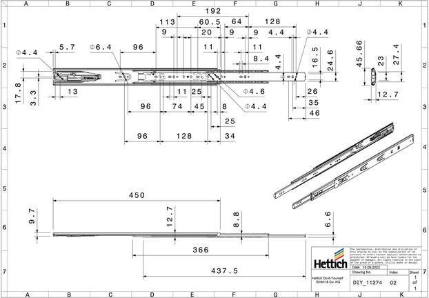 Produktbild Hettich Schubladenschiene Vollauszug 450 mm mit Anschlagdämpfung chromatiert 9126922 2 Stück