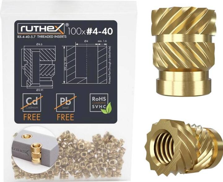 Produktbild Ruthex #4-40 Gewindeeinsatz Zoll (UNC) - 100 Stück RX-4-40x5.7 Gewindebuchsen aus Messing