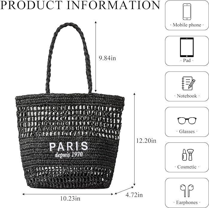 Actual product image Only-Bags.Store Hollowed straw woven shopping bag, fashionable embroidery letter shoulder bag, beach bag
