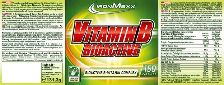 Nährwerte und Zutaten IronMaxx Vitamin B Bioactive (150 Stück, Kapseln, 131.30 g)
