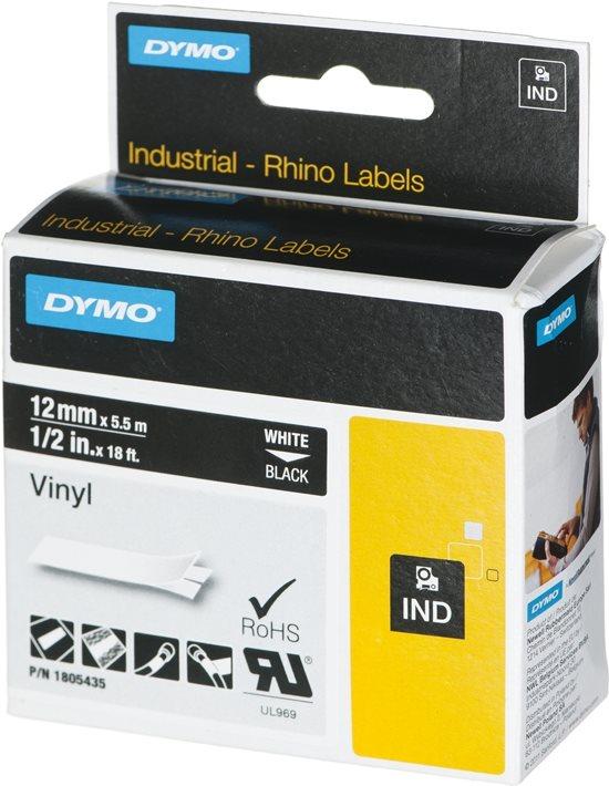Actual product image Dymo Rhino 12mm white on black vinyl (1.20 cm, Black)