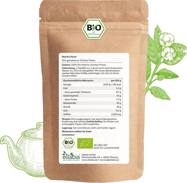 Immagine prodotto Eltabia Tè Matcha biologico in polvere | Polvere Matcha Premium | Puro al 100% senza additivi (Polvere, 200 g)