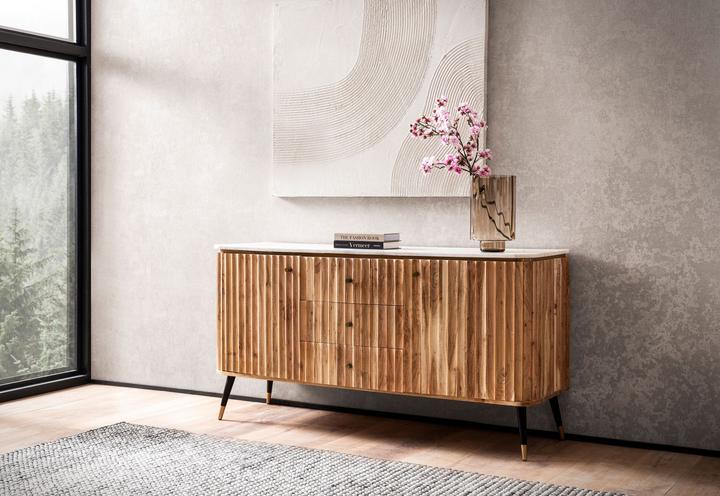 Produktbild FineBuy Sideboard Kommodenschrank 150 cm Massivholz Marmor Türen Schubladen (150 x 80 x 45 cm)