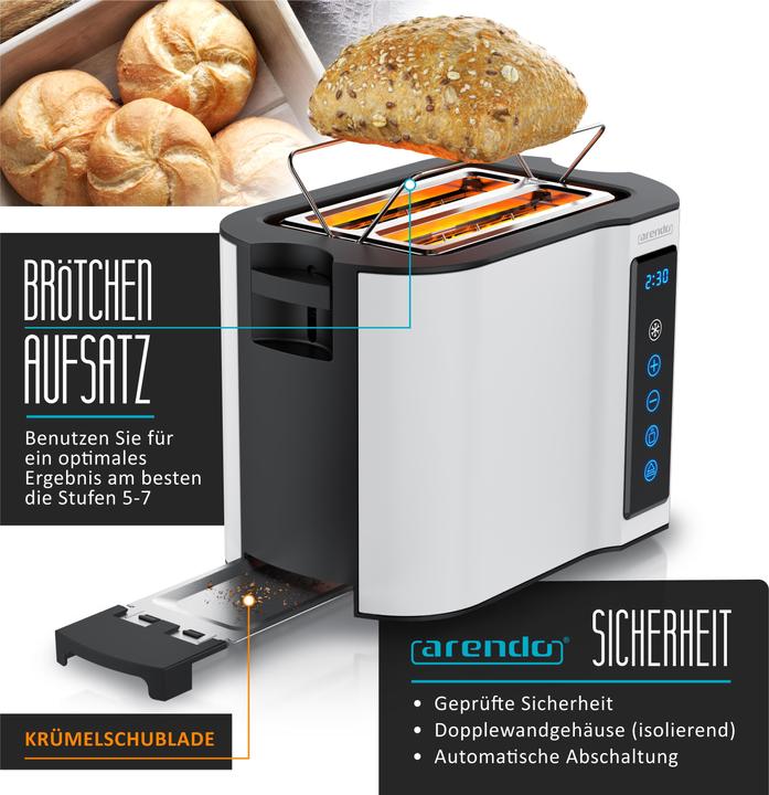 Actual product image Arendo Toaster stainless steel 2 slices short slot, touch panel, bread roll attachment, display with