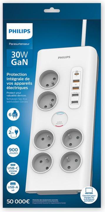 Produktbild MCL PHILIPS Rallonge multiprise parasurtenseur 6 prises chargeur Type-C et 4 USB-A 2m Blanc